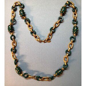 Vintage Gold-Tone & Green Beaded Chain Necklace With Textured Oval Accents